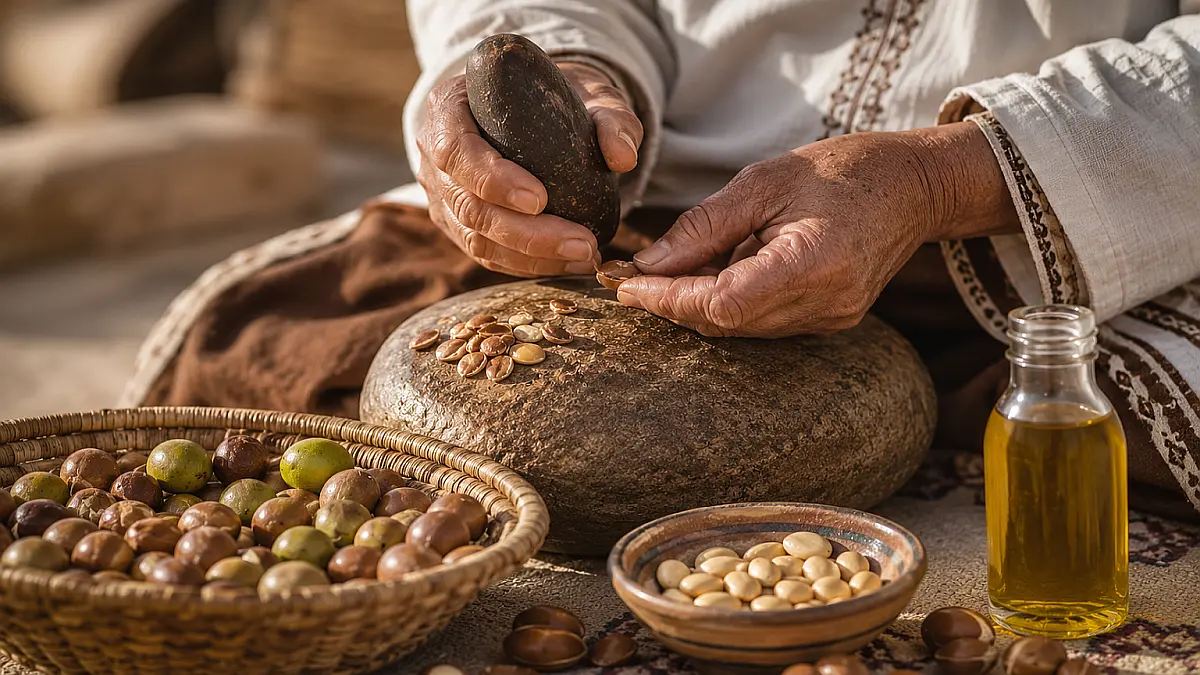 Traditionelle Ernte und Herstellung von Bio-Arganöl in Marokko
